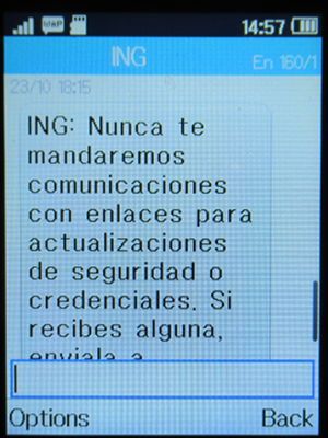 ING Direct, Spanien, Sicherheitshinweis SMS auf einem Alcatel 2051X Mobiltelefon