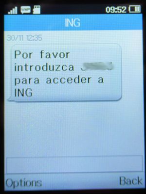 ING Direct, Spanien, Code Log In Online Banking SMS auf einem Alcatel 2051X Mobiltelefon
