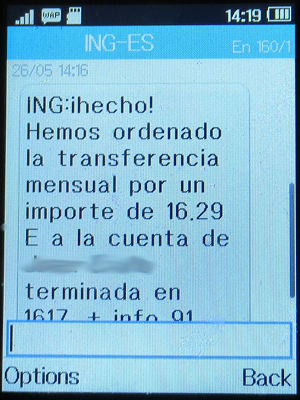 ING Direct, Spanien, SMS Bestätigung Dauerauftrag im Mai 2023 auf einem Alcatel 2051X Mobiltelefon