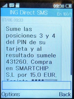 ING Direct, Spanien, SMS mobile TAN im Juni 2023 auf einem Alcatel 2051X Mobiltelefon