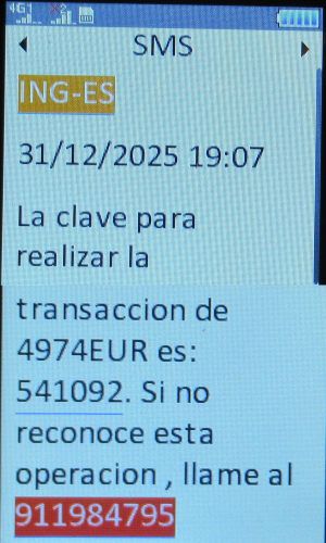 ING Direct, Spanien, SMS mit Code f&uuml;r Zahlungsbest&auml;tigung auf einem danew KONNECT 42 Mobiltelefon