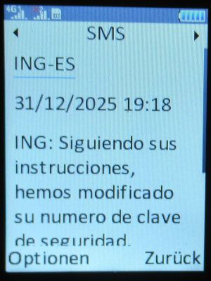 ING Direct, Spanien, SMS mit Best&auml;tigung Zugangsnummer ge&auml;ndert auf einem danew KONNECT 42 Mobiltelefon
