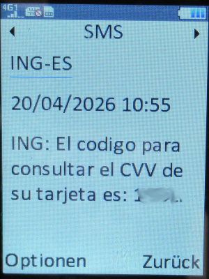 ING Direct, Spanien, SMS mit einmaligen Passwort um die CVV zu sehen auf einem danew KONNECT 42 Mobiltelefon