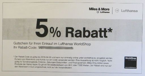 Miles & More Credit Card White MasterCard® Lufthansa®, Lufthansa Worldshop Gutschein