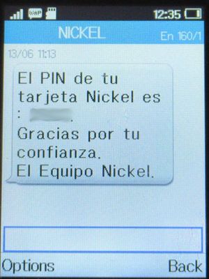 NiCKEL Debit MasterCard® Bankkonto, SMS mit PIN für Zahlung vor Ort auf einem Alcatel 2051X