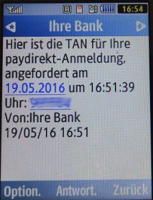 SMS auf einem Samsung GT–C3590, ING–DiBa mit der TAN für die paydirekt Anmeldung
