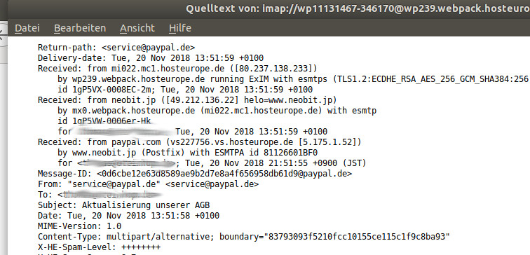 Quelltext der e-mail von service@paypal.de an mich am 20.November 2018