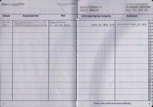 Postbank, Mietkaution–Sparbuch 3000 plus, Sparbuch Einträge Umsätze