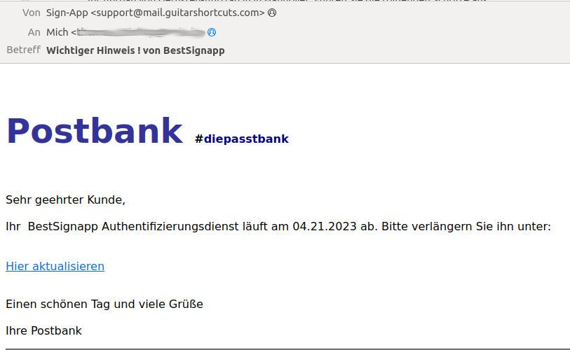 Spam e-mail Postbank Fälschung im März 2023