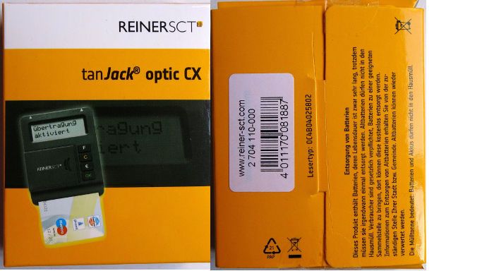 REINER SCT tanJack® optic CX, TAN-Generator, Verpackung Vorder– und Rückseite