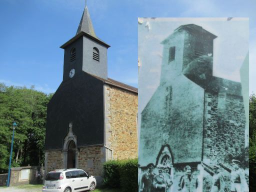 Hitler&rsquo;s Bunker 1940, Br&ucirc;ly-de-Pesche, Belgien, Kirche heute und 1940 mit Wassertank statt Kirchturm