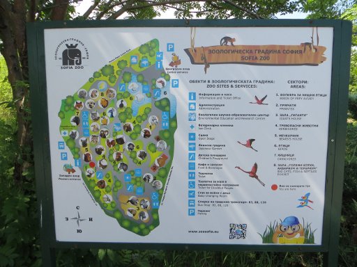 Sofia Zoo, Sofia, Bulgarien, Parkübersicht in kyrillischer Schrift und auf Englisch