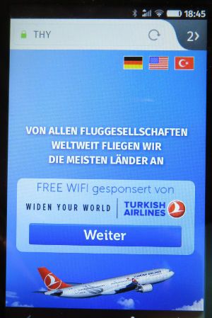 Hamburg, Deutschland, Flughafen Hamburg HAM Airport, FREE WiFi von Turkish Airlines auf einem ZTE Open C Mobiltelefon