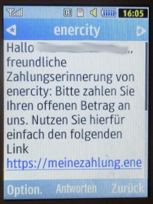 enercity AG, Energieversorger, Hannover, Deutschland, SMS Zahlungserinnerung auf einem Samsung GT–C3590 im Juli 2025