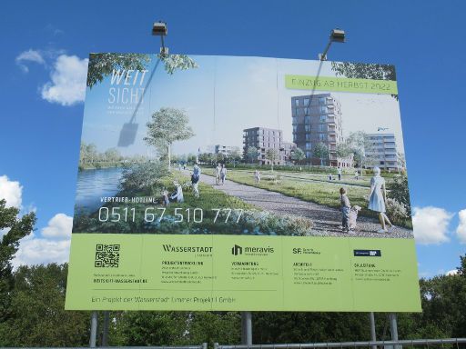 Wasserstadt Limmer, Hannover, Deutschland, Bauschild Projekt Wasserstadt Limmer im Juni 2022