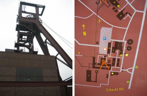 Zollverein®, Essen, Deutschland, Seitenansicht Fördergerüst, Übersichtskarte des Geländes