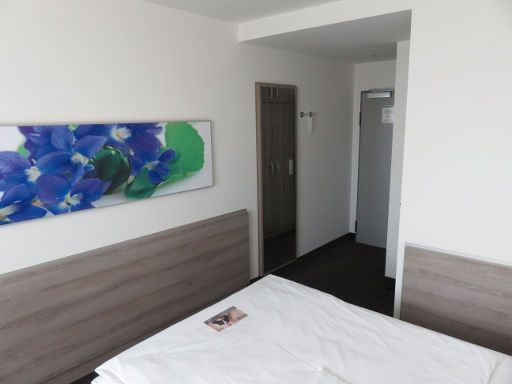 H+ Hotel Frankfurt Airport West, Deutschland, Zimmer 254 mit Wandspiegel, Eingangstür und Trennwand zum Badezimmer