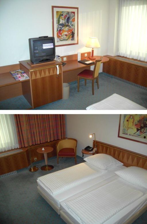 Steigenberger Airport Hotel, Frankfurt am Main, Deutschland, Standardzimmer mit 2 Einzelbetten, Fernseher, Schreibtisch, Sitzgelegenheit, Minibar