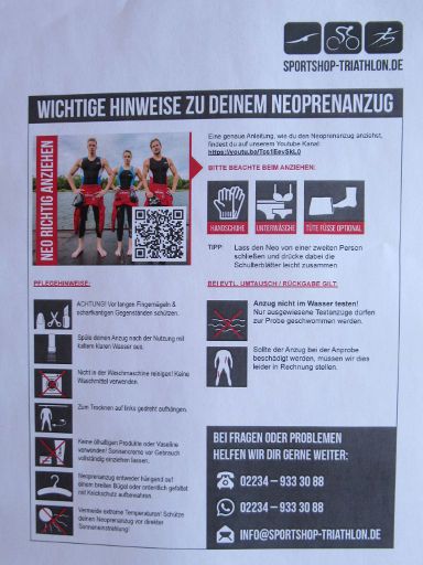 Sportshop Triathlon, Kerpen, Deutschland, Hinweise Neoprenanzug