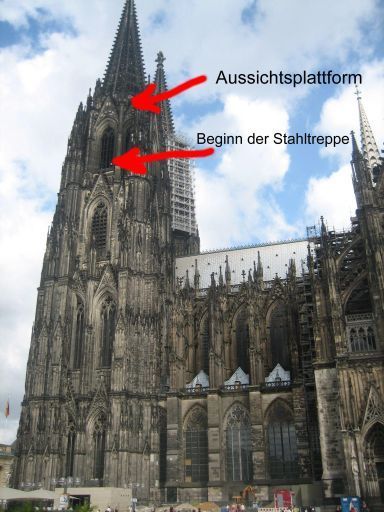 Kölner Dom, Deutschland, Aufstieg, Beginn der Stahltreppe und Aussichtsplattform