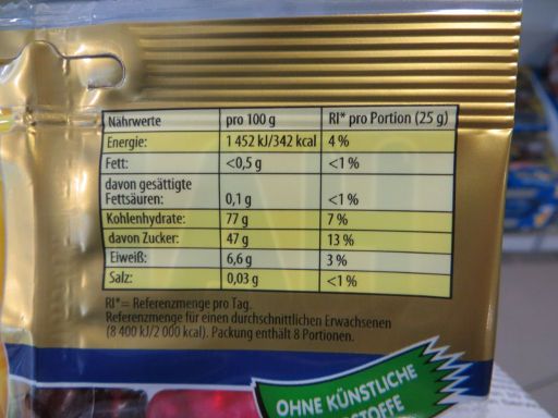 HARIBO® Fabrikverkauf, Solingen, Deutschland, Nährwerte Goldbären