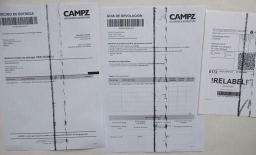 Campz Outdoor & Adventure, Stuttgart, Deutschland, Lieferschein, Anleitung Rücksendung und dpd Aufkleber