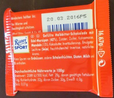 Waldenbuch, Deutschland, Ritter Sport Schokoladen, Ritter Sport Mini Marzipan Rückseite