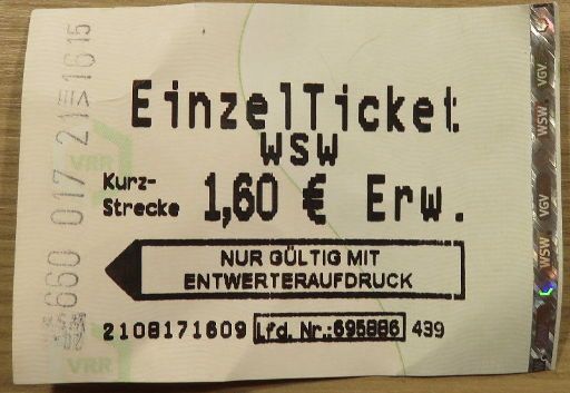 Wuppertal, Deutschland, Schwebebahn, EinzelTicket Kurzstrecke Erwachsener 1,60 € im August 2017