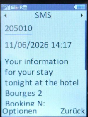 B&B Hotel Bourges 2, Bourges, SMS mit Zugangsdaten auf einem danew KONNECT 42 Mobiltelefon