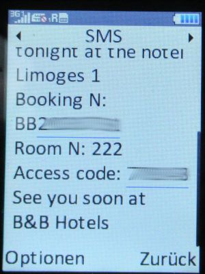 B&B Hotel Limoges 1, Limoges, SMS mit Zugangsdaten auf einem danew KONNECT 42 Mobiltelefon