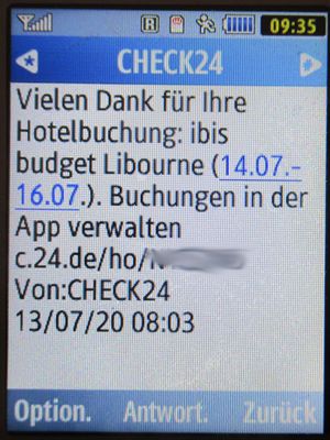 ibis budget Libourne, Libourne, Frankreich, CHECK24 SMS Bestätigung Hotelbuchung auf einem Samsung GT–C3590