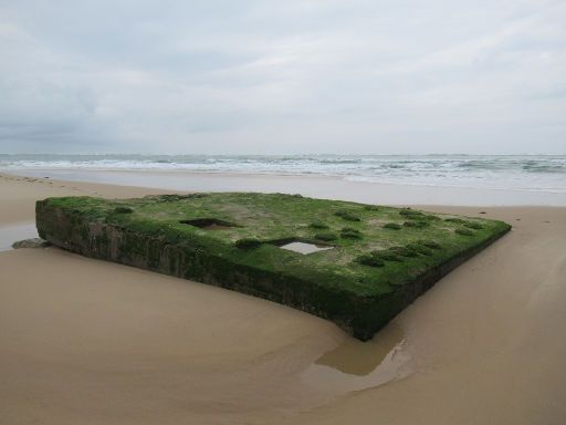 ehemalige Heeresküstenbatterie, Cap Ferret, Frankreich, Bunker mit Bewuchs dicht am Meer