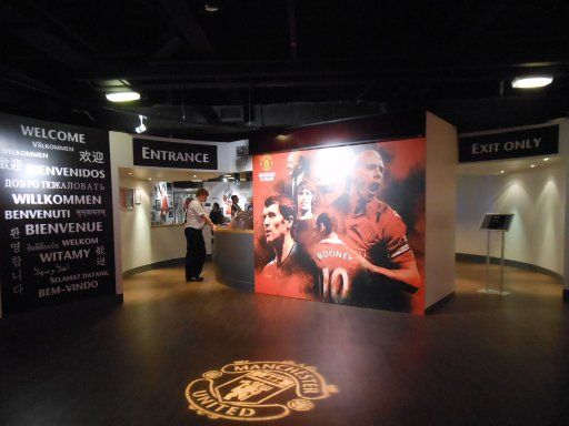 Manchester United Old Trafford Stadion, Manchester, Großbritannien, Eingang und Ausgang Museum