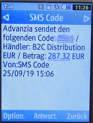 Wetsuit Outlet, Shoeburyness, Großbritannien, Wetsuit Outlet, SMS auf einem Samsung GT–C3590 mit einmaligen Code für Zahlung