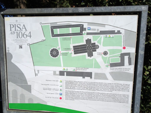 Turm, Kathedrale und Taufkirche, Pisa, Italien, Tafel mit Lageplan und Informationen