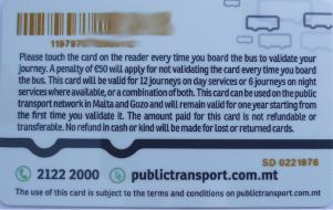 Malta Public Transport, Bus, öffentlicher Nahverkehr, Malta, tallinja card Fahrschein mit 12 Einzelfahrten Rückseite