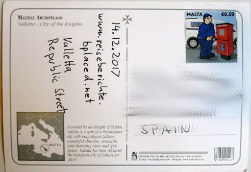 Malta Post, Postkarte Empfang in Madrid, Spanien am 10. Januar 2018 ohne Poststempel