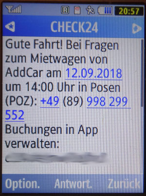 addCar, SMS von CHECK24 auf einem Samsung GT–C3590 Mobiltelefon