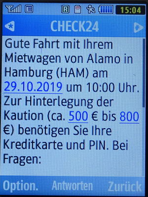 Alamo®, Deutschland, SMS von CHECK24 auf einem Samsung GT–C3590 Mobiltelefon