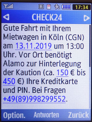 Alamo®, Deutschland, SMS von CHECK24 auf einem Samsung GT–C3590 Mobiltelefon