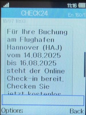 Alamo®, Deutschland, SMS von CHECK24 zum Online Check In im Juli 2025 auf einem Alcatel 2051X