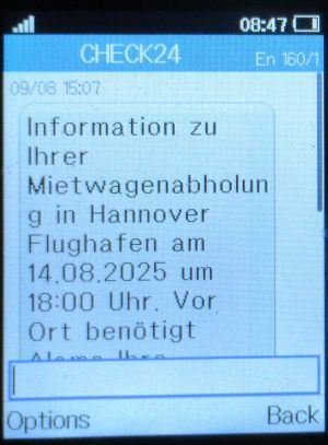 Alamo®, Deutschland, SMS von CHECK24 zum Online Check In im August 2025 auf einem Alcatel 2051X
