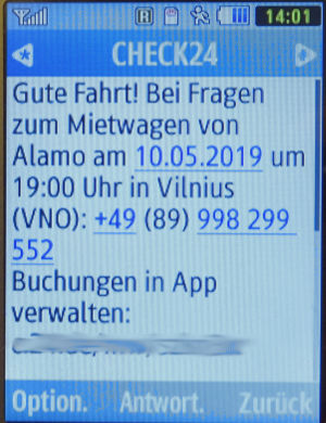 Alamo®, Litauen, SMS von CHECK24 auf einem Samsung GT–C3590 Mobiltelefon