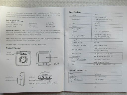 AUKEY DR01 Dashcam, Bedienungsanleitung auf Englisch, Deutsch, Französich, Spanisch, Italienisch und Chinesisch