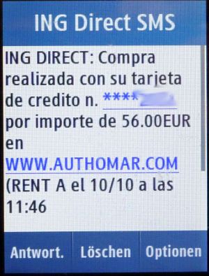 AutHomar RENT A CAR Spanien, Bestätigung der Zahlung per SMS von der ING Direct Bank Spanien auf einem Samsung GT–C3300K