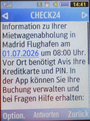 AVIS® Spanien, SMS von CHECK24 im Juni 2026 auf einem Samsung GT&ndash;C3590 Mobiltelefon