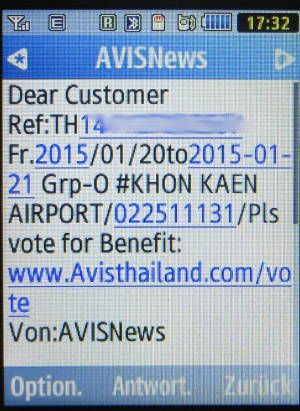 AVIS® Thailand, Buchungsbestätigung SMS auf einem Samsung GT–C3590