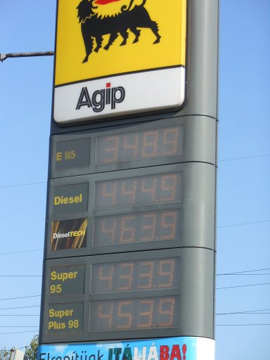 Bér–Elek Rent a Car & Van Budapest, Ungarn, Agip Tankstelle mit E85, Diesel, Super und Super Plus