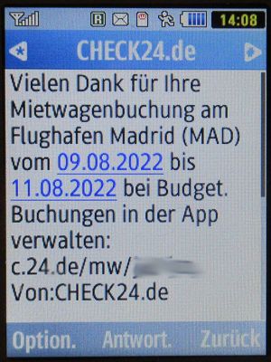 Budget® Spanien, SMS von CHECK24 im August 2022 auf einem Samsung GT–C3300K Mobiltelefon