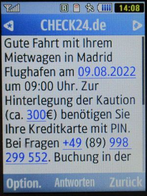 Budget® Spanien, SMS von CHECK24 im August 2022 auf einem Samsung GT–C3300K Mobiltelefon